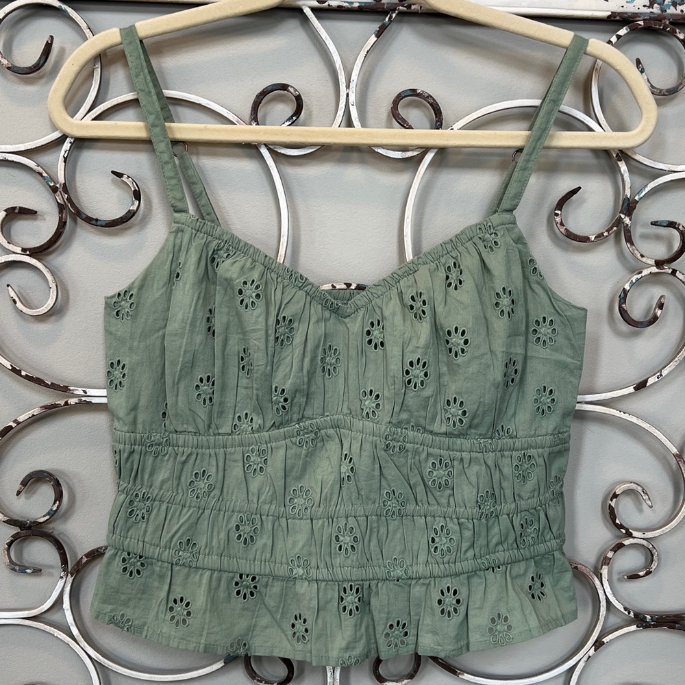 Cottagecore Boho Eyelet Spaghetti-Strap Cami Top Festival Feminine Crop Sage